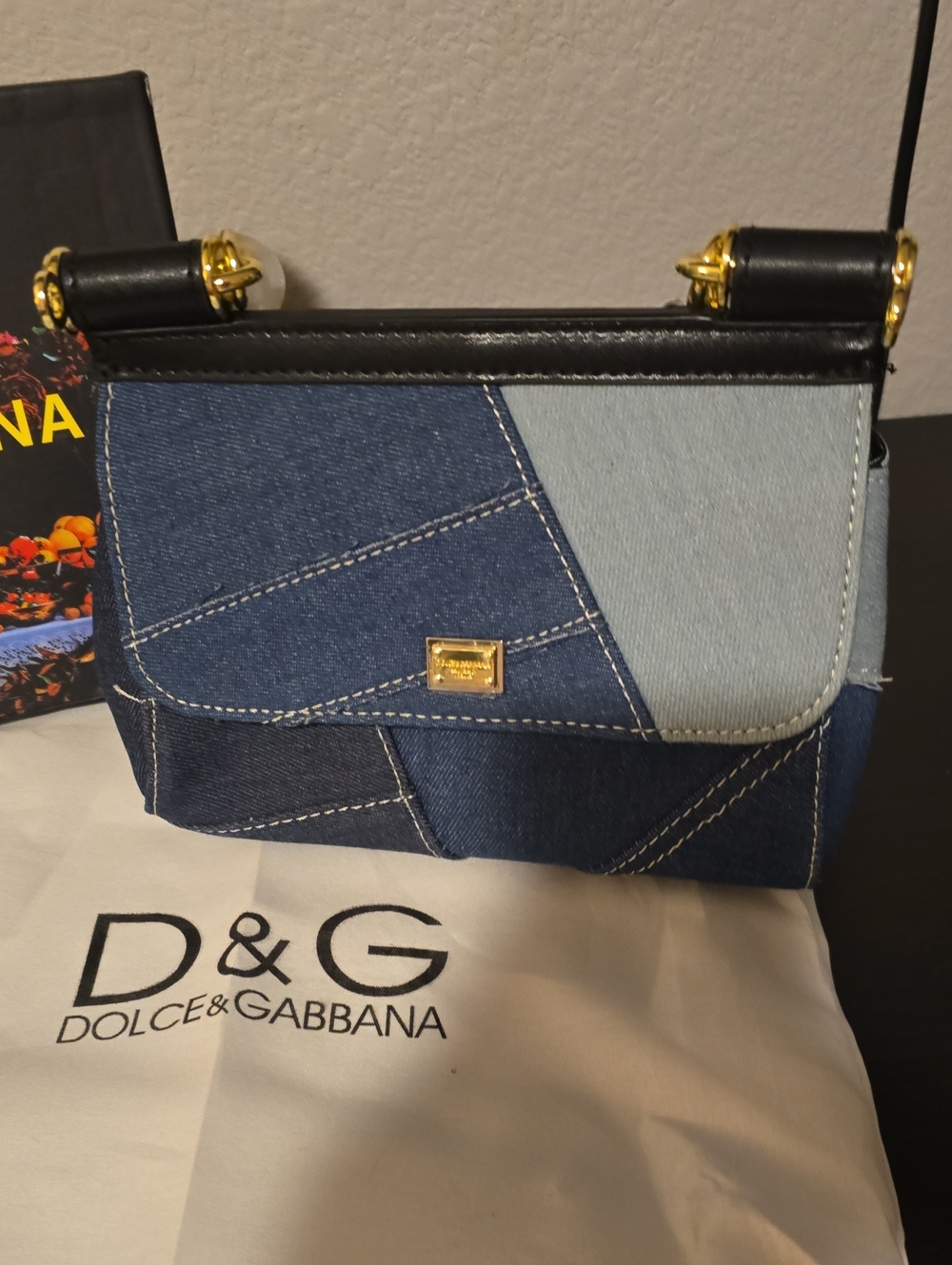 Small Patchwork Blue Denim Crossbody with Gold Hardware